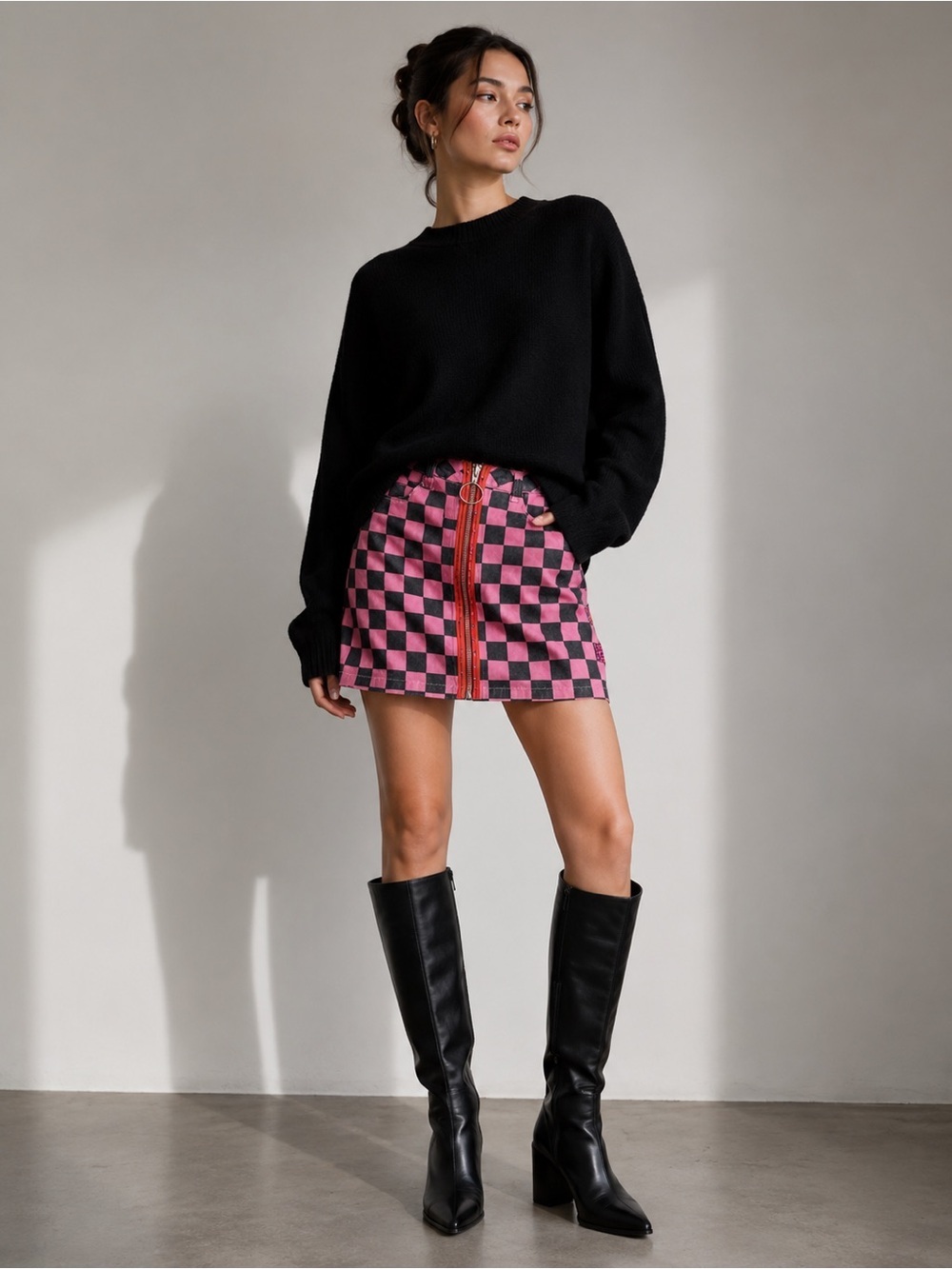 Y2K Pink Checkerboard Denim Mini Skirt Ring Zip Punk Indie Sleaze Street Style - Picture 1 of 11